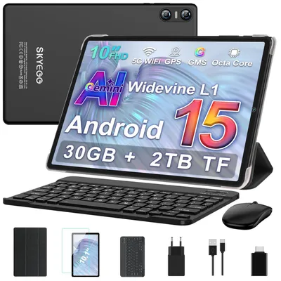 Produktbild von Tablet 10 Zoll mit Android 15 und Gemini AI 30 GB RAM + 2 TB Erweiterbarer ROM Octa‑Core Widevine L1 5G-WLAN GPS 6000mAh Kameras 8 MP 5 MP mit Tastatur