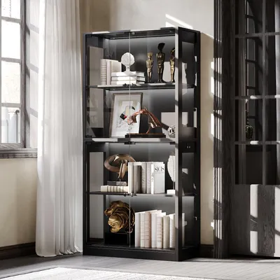 Produktbild von Glasvitrine 80x35x165cm Schwarz mit LED Beleuchtung, 4 Türen aus gehärtetem Glas, höhenverstellbare Böden, für Sammlungen & Wohnzimmer