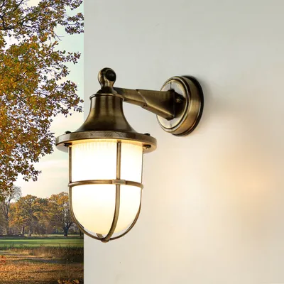 Produktbild von Außenwandleuchte Messing rostfrei Schirm Riffelglas E27 Premium maritimer Stil Gartenleuchte Hauswand Balkon