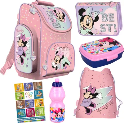 Produktbild von Set 6er Schulranzen Ranzen Tornister Federmappe Turnbeutel Turnsack Brotdose Trinkflasche Aufgabenheft für die Grundschule Minnie Mouse Motiv