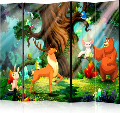 Produktbild von 5-teiliger Doppelseitiger Vlies Paravent - Bear and Friends II 225x172 cm Für Kinder e-C-0053-z-c
