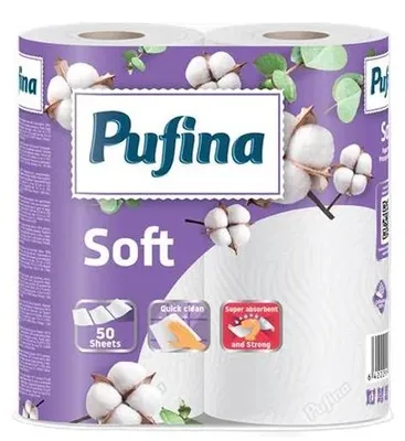 Papierové utierky, 2-vrstvové, 50 listov, 2 kotúče, PUFINA "Soft"
