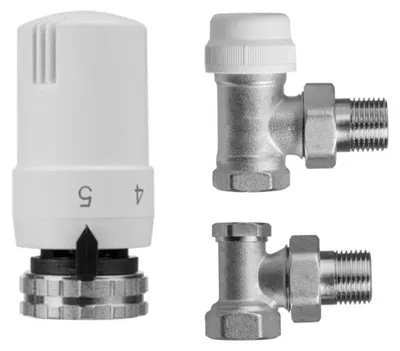 Obrázek produktu pro sklokeramikaO - Připojovací sada radiátorového ventilu s termostatickou hlavicí - rohová - 1/2"/1/2"- nikl