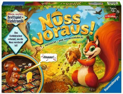 The image shows the box art for a board game called "Nuss voraus!". It features cartoon squirrels and acorns in a forest setting.