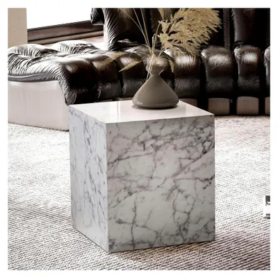 Produktbild von Couchtisch 40x40x45 cm Hochglanz mit Marmoroptik, quadratischer Wohnzimmertisch, Design Sofatisch, Beistelltisch in Würfelform, Weiß