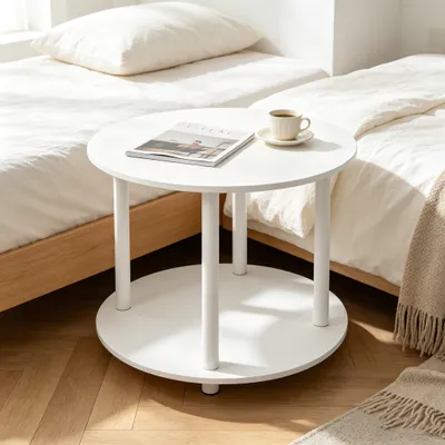 Produktbild von Runder Couchtisch aus Holz auf Rollen,2 Ebenen Kleiner Beistelltisch mit Ablage,Modern Sofatisch Nachttisch Für Kleine Räume,Wohnzimmer 60x60x53cm