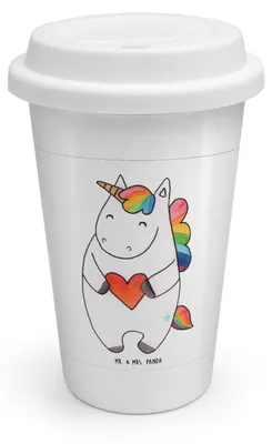 Produktbild von Mr. & Mrs. Panda Mehrwegbecher Einhorn Herz - Weiß - Geschenk, Lustig, ToGo Kaffeebecher, Coffee To Go Becher, Bunt, Anders, Thermobecher, Unicorn, Schlimm