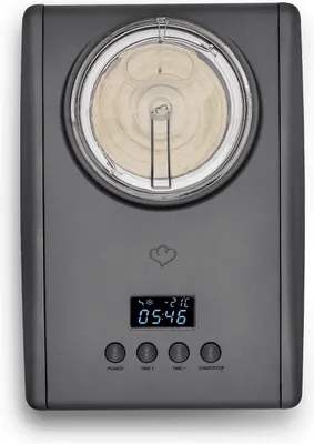 A top-down view of an ice cream maker on a white background.