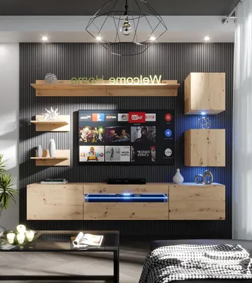 Produktbild von Furnitech Wohnwand Wohnzimmer, Möbel, Hängend Wohnwand Modern, Schrankwand mit Regale, TV Schrank, 239 cm, Artisan Eiche M27-24M-DA5 1B ohne LED