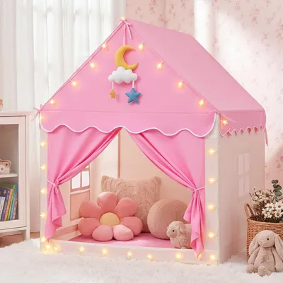 Produktbild von BSHAPPLUS Prinzessinnen Kinderzelt Rosa 101x118x128 cm mit Spielmatte & LED-Sternenlichtern, Spielhaus Indoor & Outdoor für Mädchen, Tragetasche
