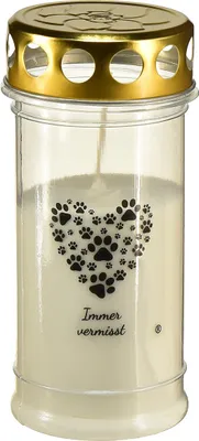 Produktbild von Gedenkkerze mit Pfotenherz und Schutzdeckel für Hundegedenken