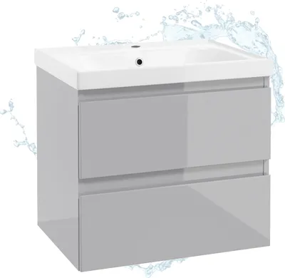 Produktbild von Stamar | Badezimmerschrank, mit Waschbecken, Set, 60 cm, grau glänzend, 2 Schubladen, hängend