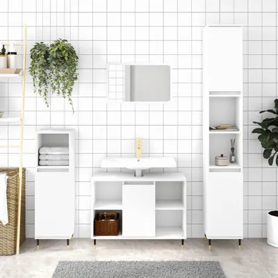 A modern white bathroom vanity set with a sink, mirror, and storage cabinets, set against a tiled wall.