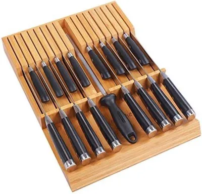 Produktbild von PolkaHome® Einlegemessblock aus Bambus – Küchenmesser-Schubladenorganizer für 16 Messer und 1 Wetzstahl, 42 x 31 x 5 cm, Schwarz