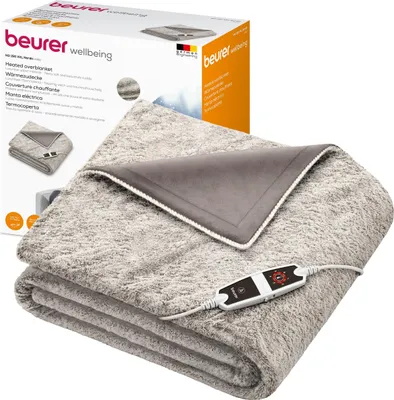 A folded heated blanket with its packaging in the background.