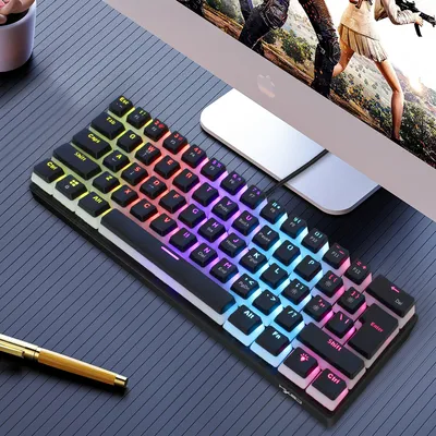 Produktbild von 61-Tasten mechanische Gaming-Tastatur mit Blue Switches, RGB-Beleuchtung und Pudding-Tastenkappen für PC und Laptop