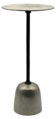 Beistelltisch Aluminium Silbern mit runder Platte und konischem Aluminiumsockel in Gesamtansicht.