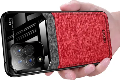 Produktbild von Galaxy M33 Hülle, TPU Stossfest Anti-rutsch Leder Glas Len Hybrid Schutzhülle für Samsung Galaxy M33 Rot