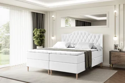 Produktbild von ALTDECOR Boxspringbett mit Holz Füßen, Matratze und Lattenrost, Boxbett, Topper, Polsterbett mit Bettkasten, Bett mit Stauraum H4-Matratze, Doppelbett - VILA-1-FD- 180x200 - Weiß Kunstleder