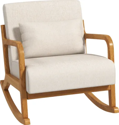 Produktbild von HOMCOM Schaukelstuhl, Holzgestell Creme, gepolstert, mit Armlehnen, 120 kg, gebogener Holzsockel, sanfter Schaukelmechanismus, atmungsaktiv, inkl. abnehmbares Lendenkissen, rutschfeste Unterlage, für Wohn-, Schlaf- & Babyzimmer.