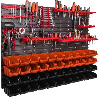 Immagine prodotto di Pannello portattrezzi - Parete portattrezzi - 115 x 78 cm - 44 contenitori - Ideale per garage e officina