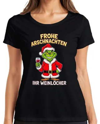 Produktbild von Frohe Arschnachten Weihnachtsgrinch Weinhumor Geschenk Weinparty Damen T-Shirt, Schwarz, M