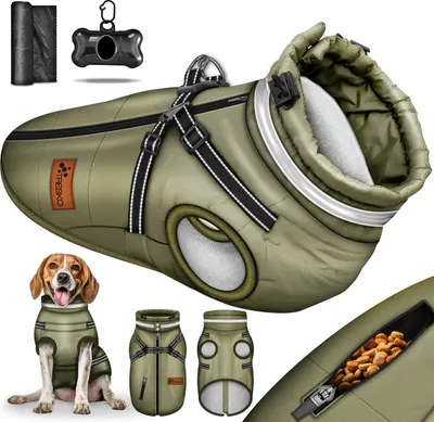 Image de TRESKO® Veste pour chien Vert / Taille S Hiver avec réflecteurs incl. 15 sacs à crottes + distributeur | Imperméable pour chien imperméable | Manteau pour chien avec harnais | Gilet d'hiver pour chien doublé