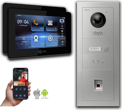 Produktbild von Goliath IP Video Türsprechanlage 7-Zoll Fingerprint Anzeige Silber : 2 Monitore : 7 Zoll Schwarz : Unterputzdose Monitor Anzahl: 2 Monitore Monitor Farbe: 7 Zoll Schwarz Montage: Unterputzdose