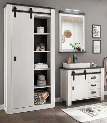 Produktbild von Badmöbel Set 5-teilig "Stove" weiß Pinie anthrazit Badezimmer mit Waschbecken und LED