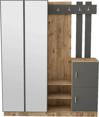 Produktbild von Eingangsmöbel Dgautier, Moderner Eingang, Wandgarderobe, Multifunktions-Aufbewahrungskonsole, 147x38h180 cm, Eiche und Anthrazit