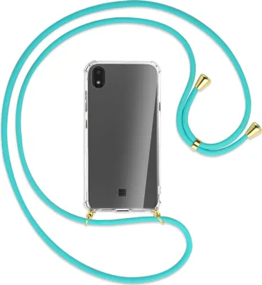 Produktbild von Handykette Backcover-Schutzhülle mit Band (Metall goldfarben) für LG K20 / K20 2019 - türkis