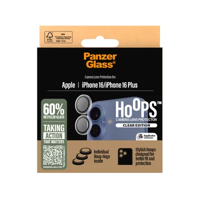 Zdjęcie produktu dla PanzerGlass ® Hoops® Camera Lens Protector Transparent iPhone 16 | 16 Plus, Apple, Apple - iPhone 16, Apple - iPhone 16 Plus, Aplikacja na sucho, Odporny na zadrapania, Odporny na wstrząsy, Przezroczysty, 1 szt.