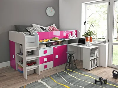 Image de Lit mezzanine « Toledo 1 » pour enfant, 90 x 200 cm, avec bureau, finition brillante, couleur au choix