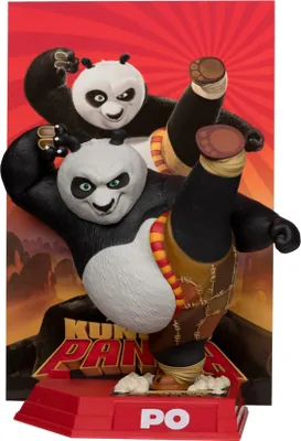 A statue of two Kung Fu Panda characters, Po and another panda, in a dynamic pose on a red platform with the Kung Fu Panda logo in the background.