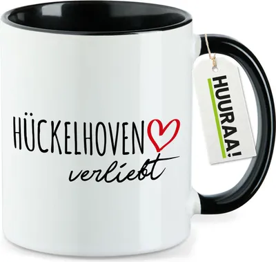 Produktbild von Huuraa Kaffeetasse Hückelhoven verliebt 330ml Schwarz Keramik Kaffeebecher Geschenkidee