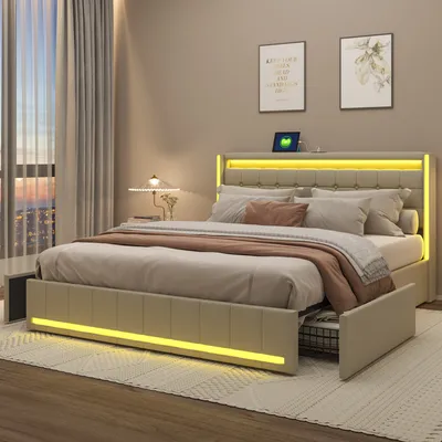 Produktbild von Fortuna Lai Polsterbett LED, mit Aufladen USB Ladefunktion Kopfteil und 4 Schubladen,Doppelbett 160x200cm Stauraumbetten Bettgestell, Lattenrost aus Holz, Beige