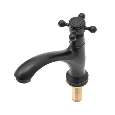 A black faucet with a gold base, isolated on a white background.