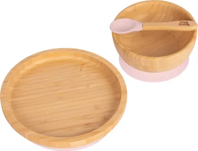 Produktbild von 3pc Pastellrosa Kinder Bambus Runden Teller, Schüssel & Löffel-Set mit Silikon-Saugnapf - Segmentiertes Design Baby & Kleinkind Entwöhnung Geschirr - Umweltfreundlich & Biologisch Abbaubar - Von Tiny Dining