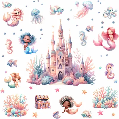 Produktbild von 265 Wandtattoo Meerjungfrauen Unterwasserschloss - Größe 1750 x 980 mm
