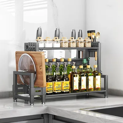 Produktbild von Stehendes Gewürzregal, 2 Etagen, großes Fassungsvermögen, Küchenregal, Metall-Arbeitsplattenorganizer mit Schneidebretthalter, Besteckhalter, 6 Haken, grau