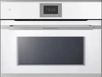 A white Küppersbusch built-in oven with a digital display and a dark gray oven door.