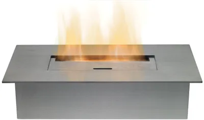 A stainless steel ethanol burner with flames.