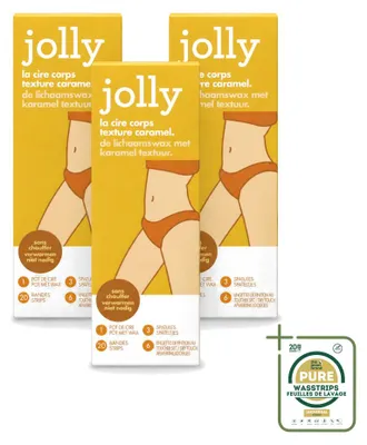 Immagine prodotto di 3 confezioni di cera depilatoria Jolly - Aroma caramello - 20 strisce di cera per confezione - Confezione da 3 pezzi