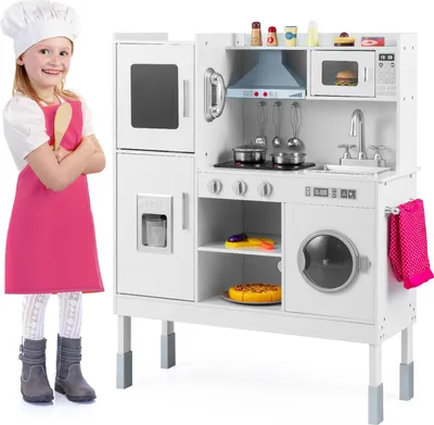 Zdjęcie produktu dla Drewniana kuchnia dla dzieci COSTWAY, kuchnia do zabawy z tablicą, kuchenką mikrofalową, zlewem, piekarnikiem, schowkiem, światłem i dźwiękiem, z akcesoriami, zabawkowa kuchnia dla dzieci w wieku 3+, biała