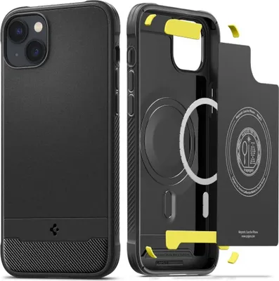 A black iPhone case is shown from two angles, one assembled and one disassembled to show its internal components.