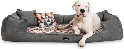 Produktbild von tierlando® Orthopädisches Hundebett VELVET Samt Velours Dreiecke geometrisch - Größe: 90x75cm | Farbe: 0218 Graphit-Orange