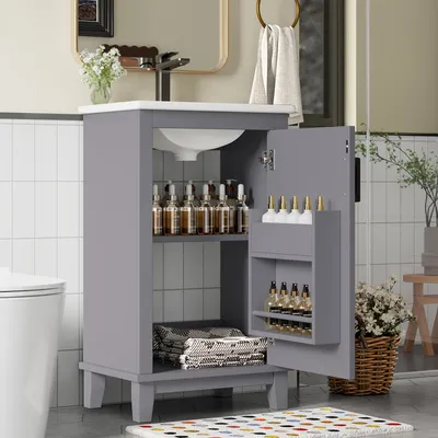 Produktbild von 51x34x83cmBodenstehender Badezimmerschrank, Waschtisch, Volllackierung, Türregale, verstellbare Regale, integriertes Keramikwaschbecken, geeignet für kleine Räume, Grau