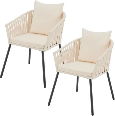 Two beige rope chairs with black metal legs are shown against a white background.