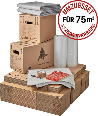 Produktbild von Umzugskomplettpaket 2 bis 3 Zimmer-Wohnung 75 m² (40x Kartons 2x Folie 2kg Packpapier 1x PP 28 2x Decken 20x Etiketten 1x Permanentmarker) SET Umzugsset BB-Verpackungen