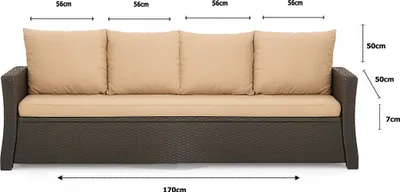 A front view of a three-seater outdoor sofa with beige cushions and a dark brown woven base, with dimensions indicated by measurement lines and text.